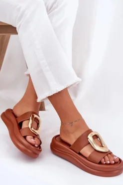 Hot Boto Klapki Damskie Na Platformie Ze Złotym Detalem Camel Ularinea Brązowy