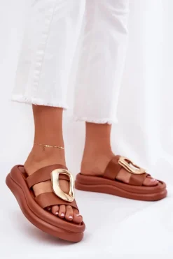 Hot Boto Klapki Damskie Na Platformie Ze Złotym Detalem Camel Ularinea Brązowy