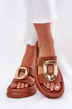 Hot Boto Klapki Damskie Na Platformie Ze Złotym Detalem Camel Ularinea Brązowy