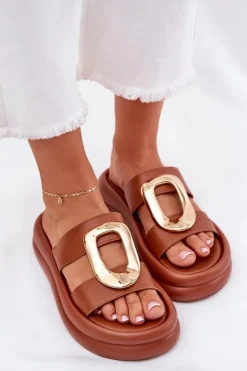 Hot Boto Klapki Damskie Na Platformie Ze Złotym Detalem Camel Ularinea Brązowy