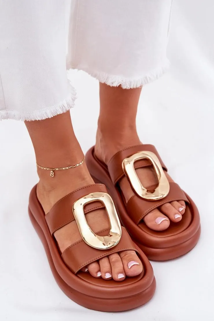 Hot Boto Klapki Damskie Na Platformie Ze Złotym Detalem Camel Ularinea Brązowy