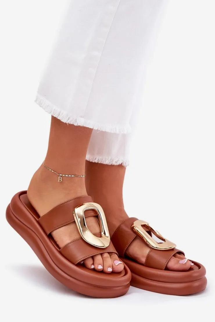 Hot Boto Klapki Damskie Na Platformie Ze Złotym Detalem Camel Ularinea Brązowy