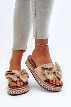 Damskie Boto Klapki Damskie Na Platformie Z Kokardą Beżowe Evatria