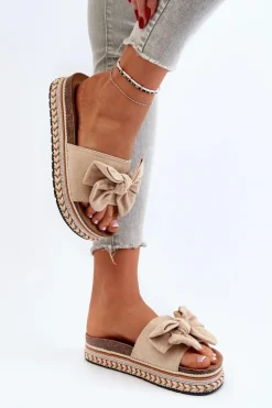 Damskie Boto Klapki Damskie Na Platformie Z Kokardą Beżowe Evatria