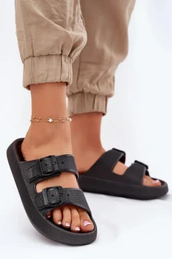 Damskie Boto Klapki Damskie Na Platformie Z Klamrami Czarne Nitiana