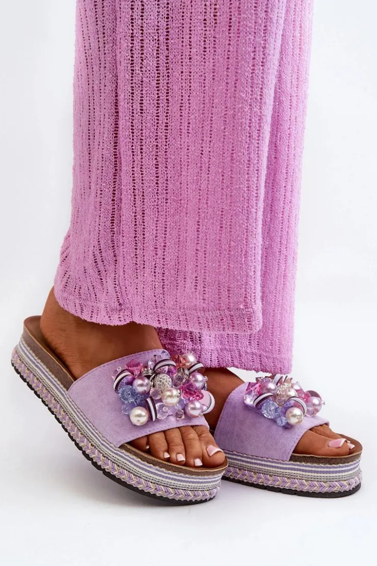 Damskie buty S.Barski Klapki Na Platformie|Klapki Damskie Klasyczne*Klapki Damskie Na Platformie Z Ozdobami S.Barski HY077 Fioletowe