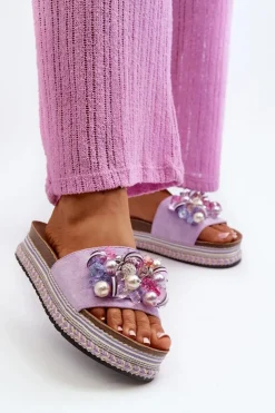 Damskie buty S.Barski Klapki Na Platformie|Klapki Damskie Klasyczne*Klapki Damskie Na Platformie Z Ozdobami S.Barski HY077 Fioletowe