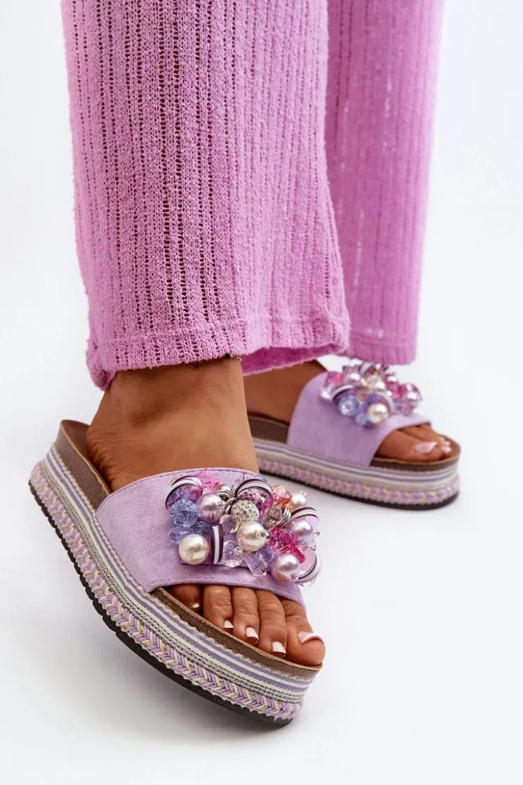 Damskie buty S.Barski Klapki Na Platformie|Klapki Damskie Klasyczne*Klapki Damskie Na Platformie Z Ozdobami S.Barski HY077 Fioletowe