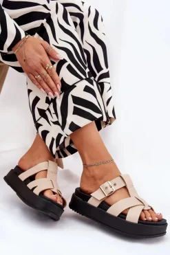 Damskie Boto Klapki Damskie Na Platformie Z Paskami I Klamrą Beżowe Elimessa