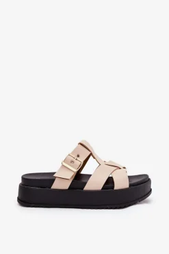 Damskie Boto Klapki Damskie Na Platformie Z Paskami I Klamrą Beżowe Elimessa