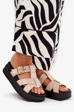 Damskie Boto Klapki Damskie Na Platformie Z Paskami I Klamrą Beżowe Elimessa