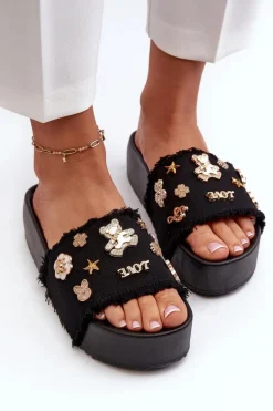 Damskie Boto Klapki Damskie Na Platformie Z Przypinkami Czarne Zranesia