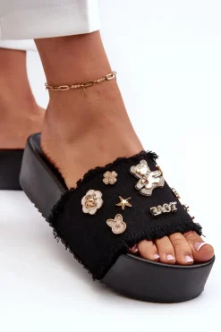 Damskie Boto Klapki Damskie Na Platformie Z Przypinkami Czarne Zranesia