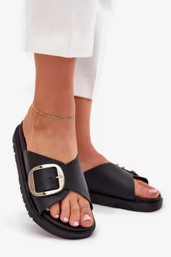 Damskie Boto Klapki Damskie Na Platformie Ze Złotą Klamrą Czarne Jovira