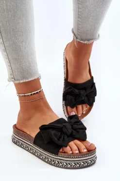 Boto Klapki Damskie Na Platformie Z Kokardą Czarne Evatria