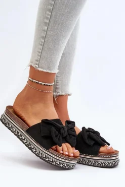 Boto Klapki Damskie Na Platformie Z Kokardą Czarne Evatria