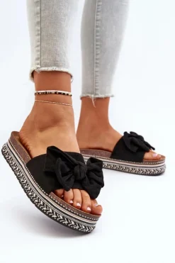 Boto Klapki Damskie Na Platformie Z Kokardą Czarne Evatria