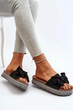 Boto Klapki Damskie Na Platformie Z Kokardą Czarne Evatria