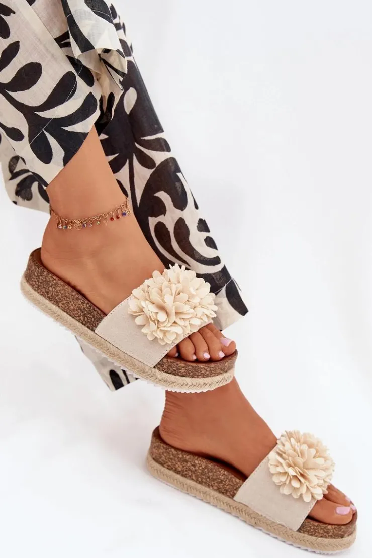 Boto Klapki Na Platformie|Klapki Damskie Klasyczne*Klapki Damskie Na Platformie Z Ozdobnymi Kwiatkami Beżowe Tessara Beżowy