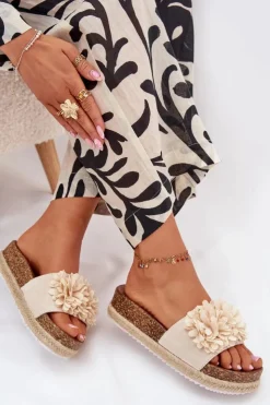 Boto Klapki Na Platformie|Klapki Damskie Klasyczne*Klapki Damskie Na Platformie Z Ozdobnymi Kwiatkami Beżowe Tessara Beżowy
