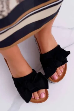 Damskie Boto Klapki Damskie Na Platformie Z Kokardą Czarne Chantal