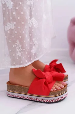 Damskie Boto Klapki Damskie Na Platformie Z Kokardą Czerwone Chantal