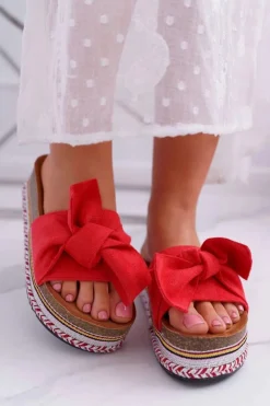 Damskie Boto Klapki Damskie Na Platformie Z Kokardą Czerwone Chantal