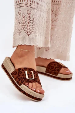 Boto Klapki Na Platformie|Klapki Damskie Klasyczne*Klapki Damskie Na Platformie Ze Złotą Klamrą Panterka Selira Brązowy