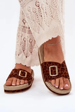 Boto Klapki Na Platformie|Klapki Damskie Klasyczne*Klapki Damskie Na Platformie Ze Złotą Klamrą Panterka Selira Brązowy