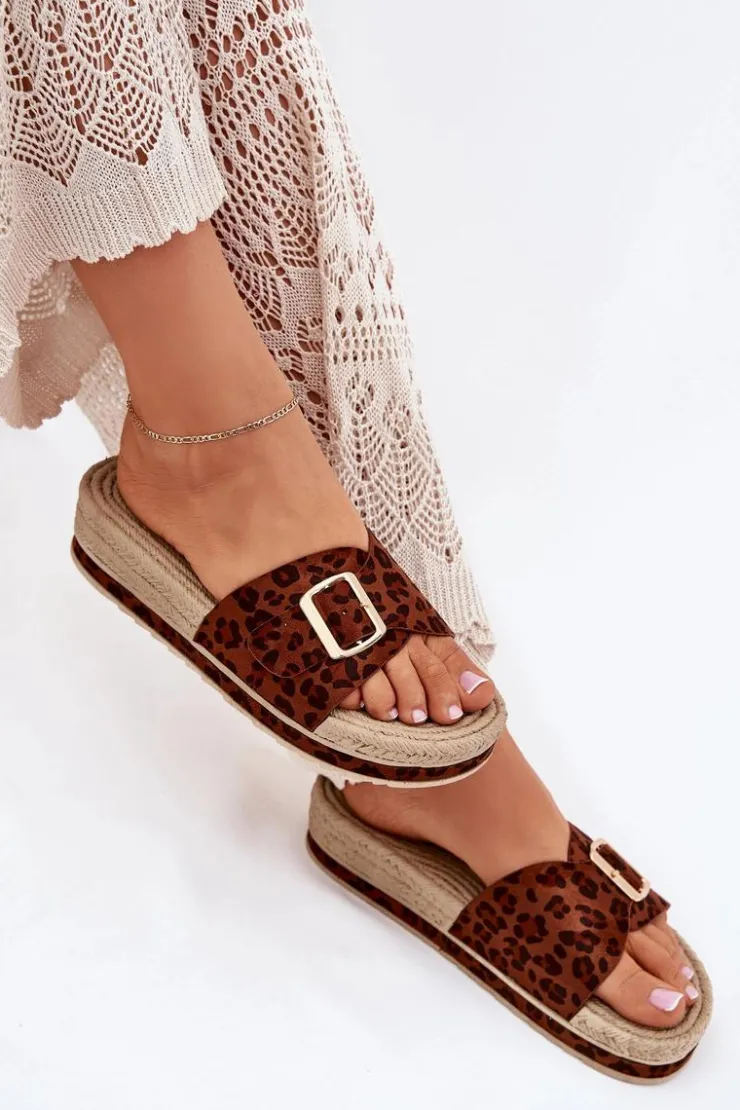 Boto Klapki Na Platformie|Klapki Damskie Klasyczne*Klapki Damskie Na Platformie Ze Złotą Klamrą Panterka Selira Brązowy