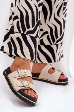 New Boto Klapki Damskie Na Platformie Ze Złotymi Klamrami Beżowe Tersele