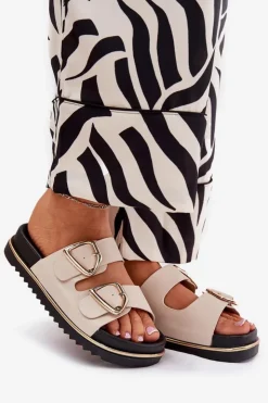 New Boto Klapki Damskie Na Platformie Ze Złotymi Klamrami Beżowe Tersele