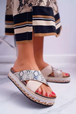 Sale Boto Klapki Damskie Na Platformie Beż Snake Greta