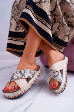 Sale Boto Klapki Damskie Na Platformie Beż Snake Greta