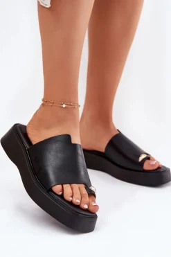 Damskie Evento Klapki Damskie Na Platformie Z Ozdobnym Detalem Czarne Linosea