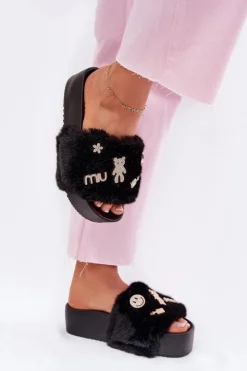 Damskie Boto Klapki Damskie Na Platformie Z Futerkiem I Złotymi Przypinkami Czarne Livira