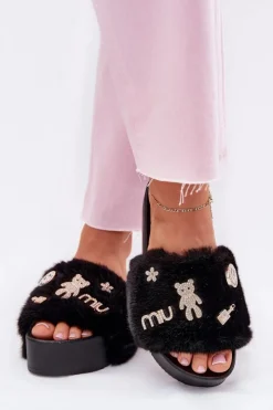 Damskie Boto Klapki Damskie Na Platformie Z Futerkiem I Złotymi Przypinkami Czarne Livira