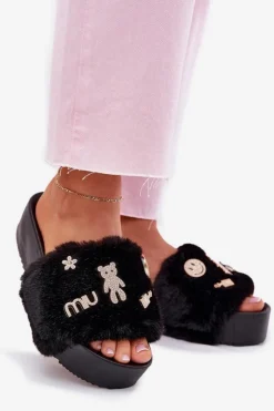 Damskie Boto Klapki Damskie Na Platformie Z Futerkiem I Złotymi Przypinkami Czarne Livira