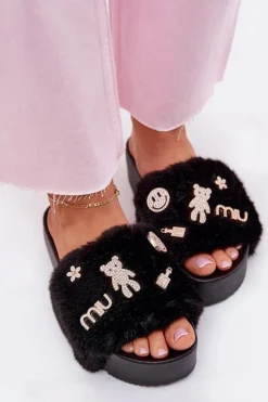 Damskie Boto Klapki Damskie Na Platformie Z Futerkiem I Złotymi Przypinkami Czarne Livira