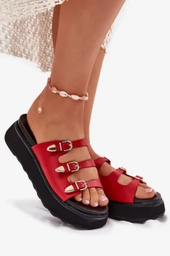 Hot Boto Klapki Damskie Na Platformie Z Paskami Czerwone Nimiotte Czerwony
