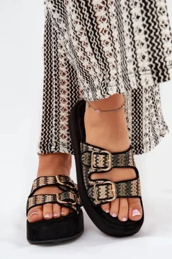 Outlet Boto Klapki Damskie Na Platformie Z Klamrami I Plecionką Czarne Limme