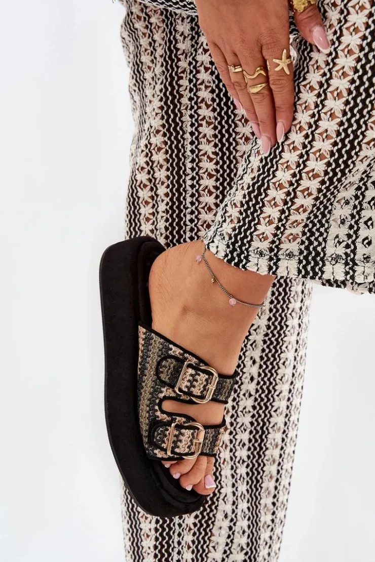 Outlet Boto Klapki Damskie Na Platformie Z Klamrami I Plecionką Czarne Limme