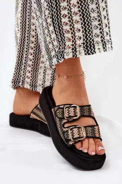 Outlet Boto Klapki Damskie Na Platformie Z Klamrami I Plecionką Czarne Limme