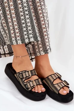 Outlet Boto Klapki Damskie Na Platformie Z Klamrami I Plecionką Czarne Limme