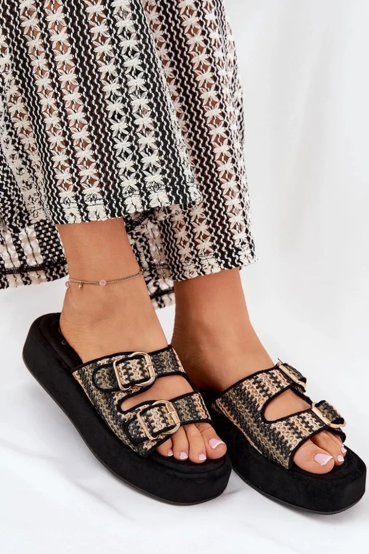 Outlet Boto Klapki Damskie Na Platformie Z Klamrami I Plecionką Czarne Limme