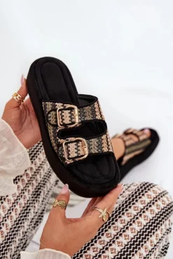 Outlet Boto Klapki Damskie Na Platformie Z Klamrami I Plecionką Czarne Limme