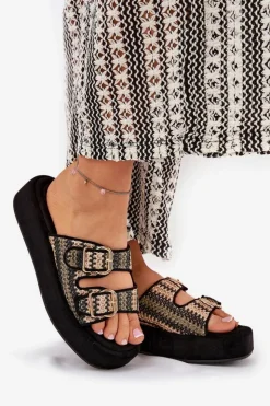 Outlet Boto Klapki Damskie Na Platformie Z Klamrami I Plecionką Czarne Limme