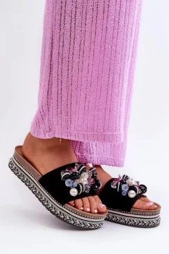 Damskie buty S.Barski Klapki Na Platformie|Klapki Damskie Klasyczne*Klapki Damskie Na Platformie Z Ozdobami S.Barski HY077 Czarne Czarny