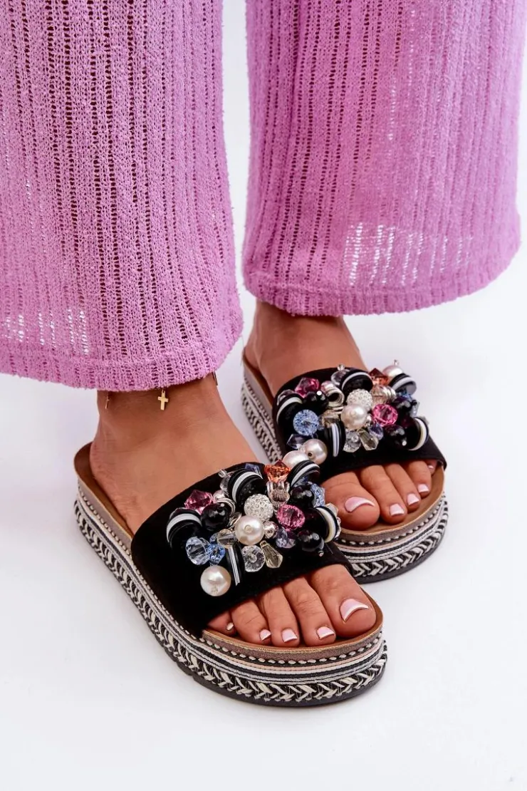 Damskie buty S.Barski Klapki Na Platformie|Klapki Damskie Klasyczne*Klapki Damskie Na Platformie Z Ozdobami S.Barski HY077 Czarne Czarny