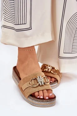 Online Boto Klapki Damskie Na Platformie Z Brokatem I Złotą Ozdobą Camel Rilirea